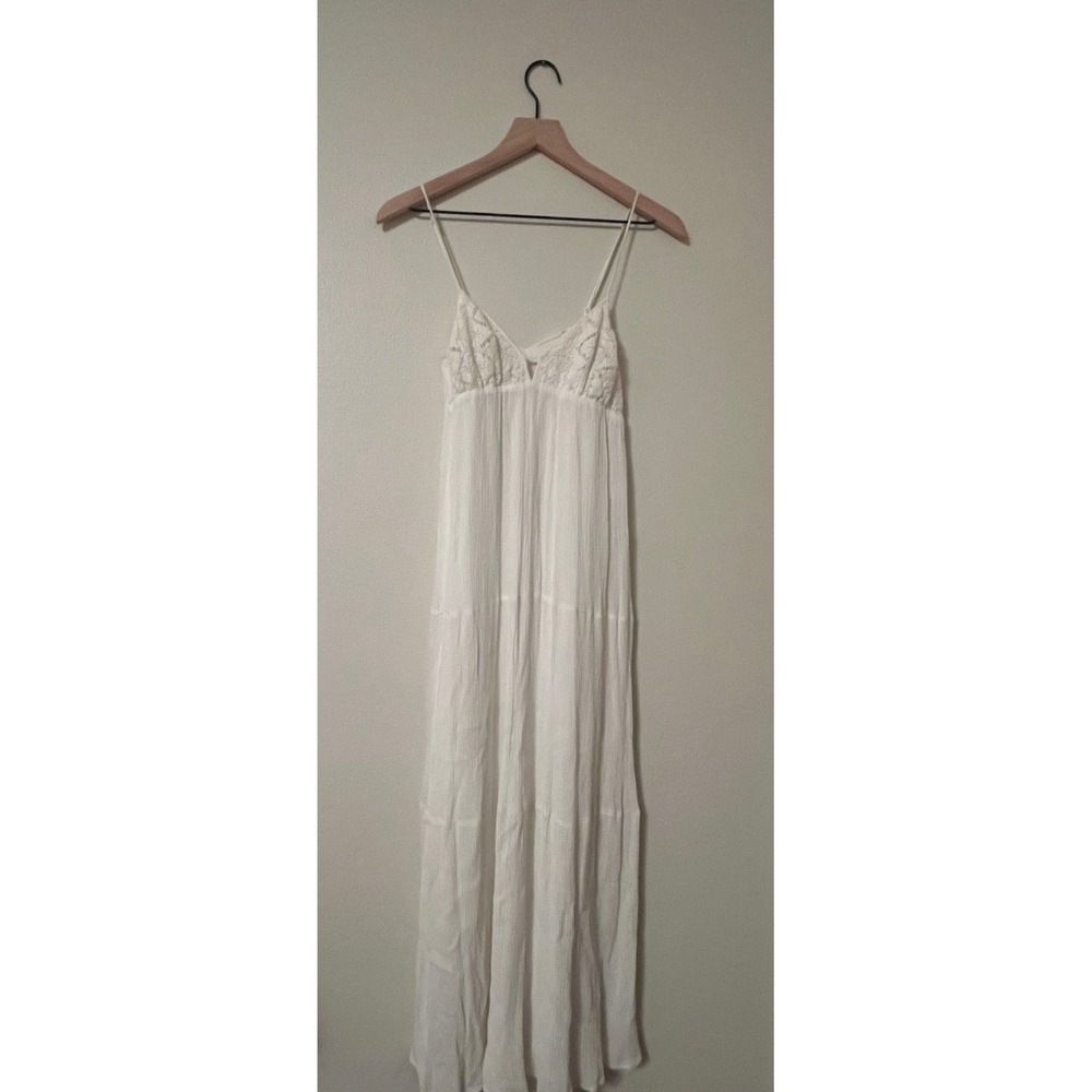 Let Them Eat Cake White Lace Boho Maxi Dress Tiered Tassel Back XS